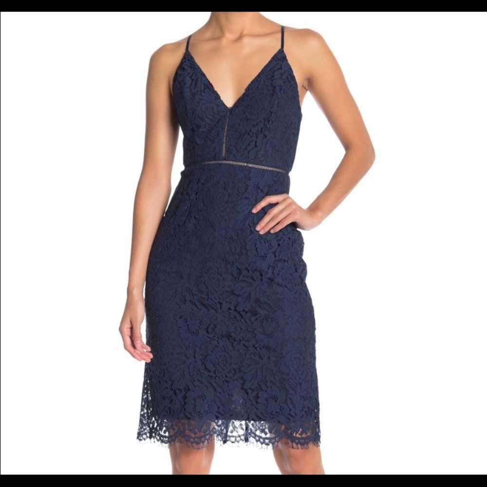 Navy Lace V-Neck Spaghetti Strap Dress
